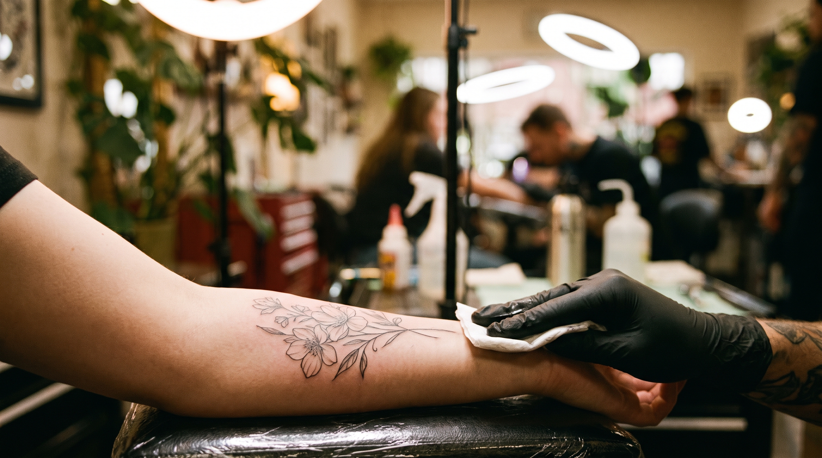 A fine-line floral piece on a forearm, fresh out of a session